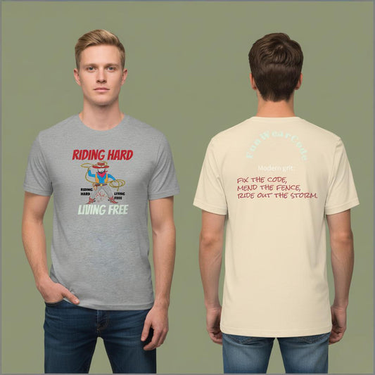 Two person wearing a gray t-shirt with a cowboy graphic and text, standing against a plain background