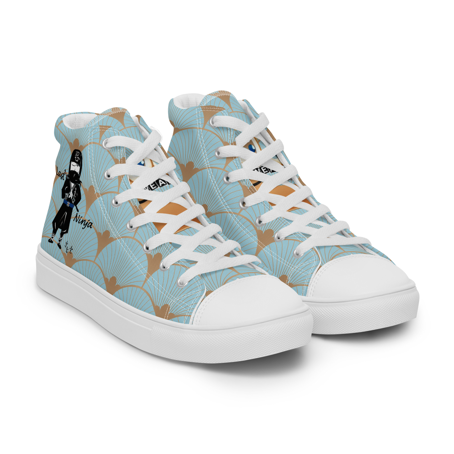 High-top sneakers with a blue and brown abstract pattern and white laces with a playful ninja graphic design, featuring a text 'Last ninja' and brand label 'Funwearcode' on a white background
