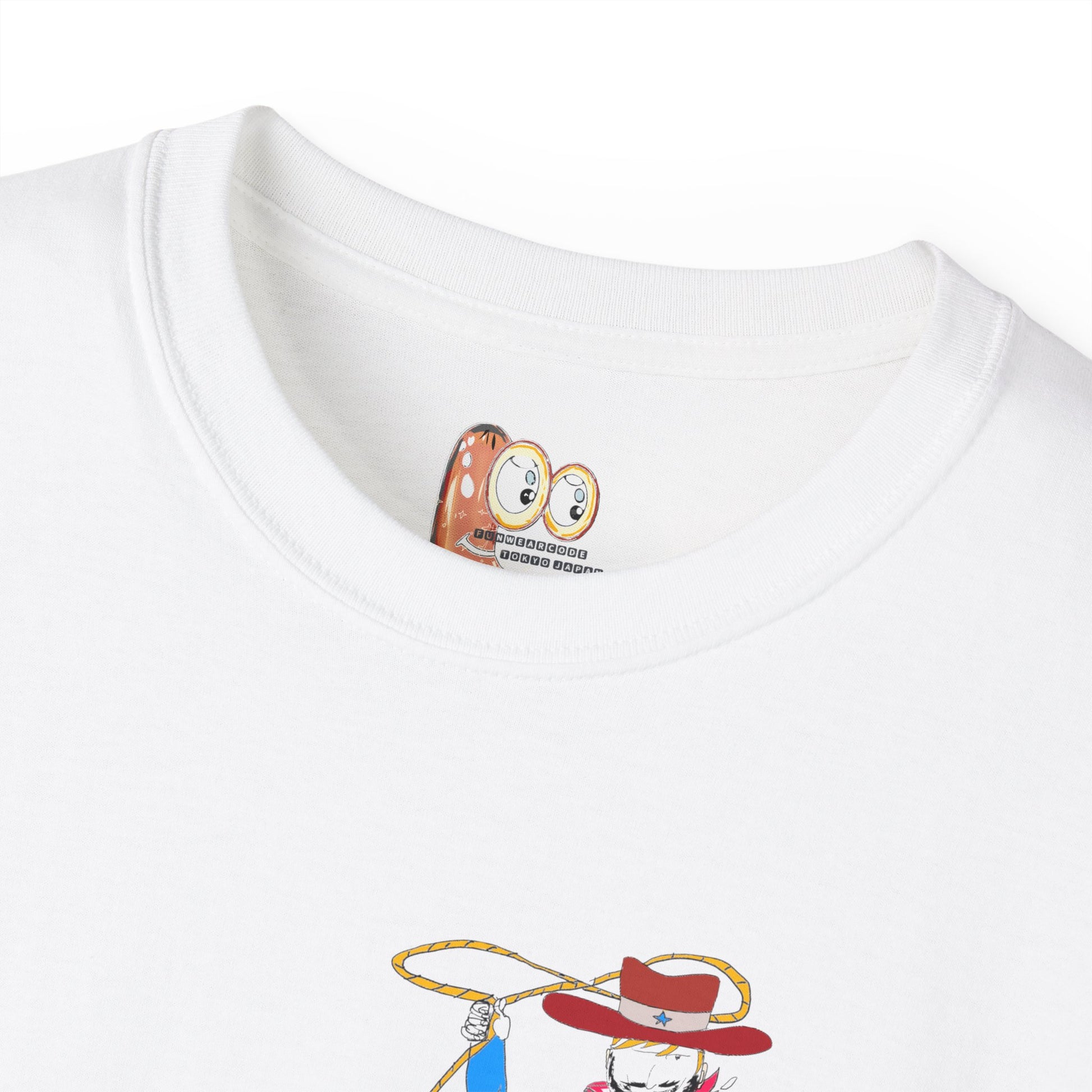 Close-up of a white t-shirt with a Funwearcode graphic design inner label on collar area 
