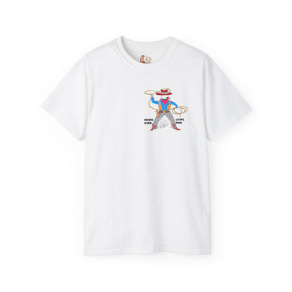 Front view of a white t-shirt with an American cowboy graphic design on a white background