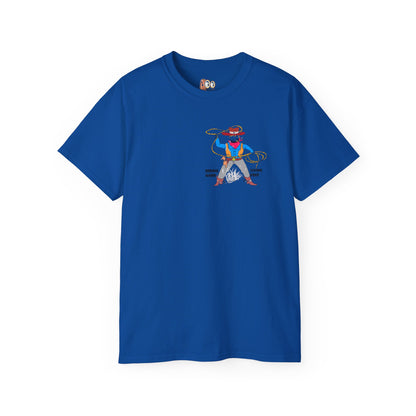Front view of a blue t-shirt with an American cowboy graphic design on a white background