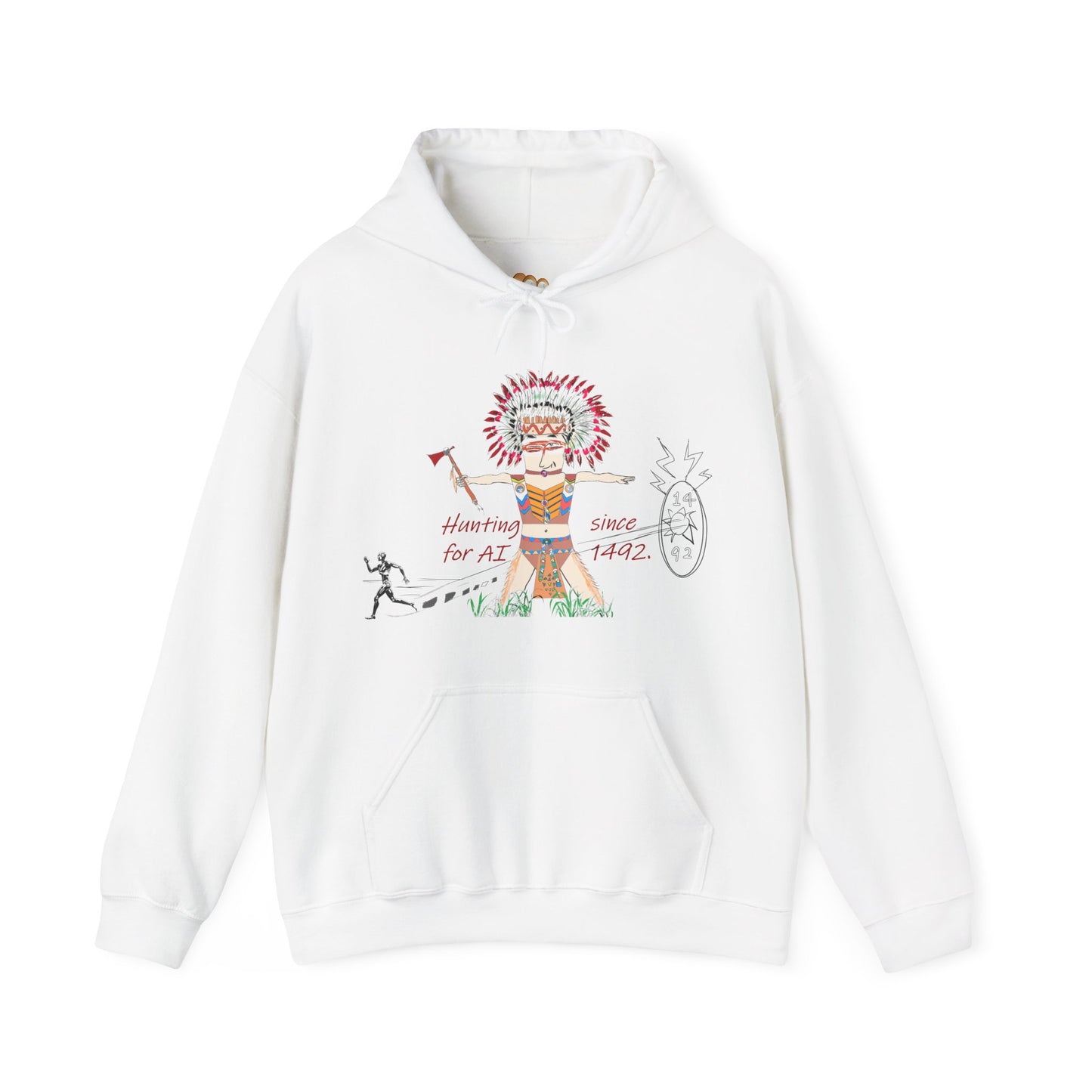 White hoodie with a colorful American native Indian graphic design on a white background