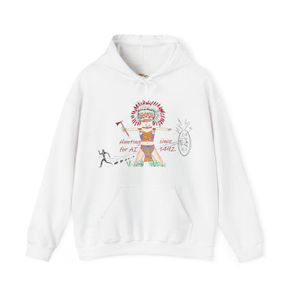 White hoodie with a colorful American native Indian graphic design on a white background