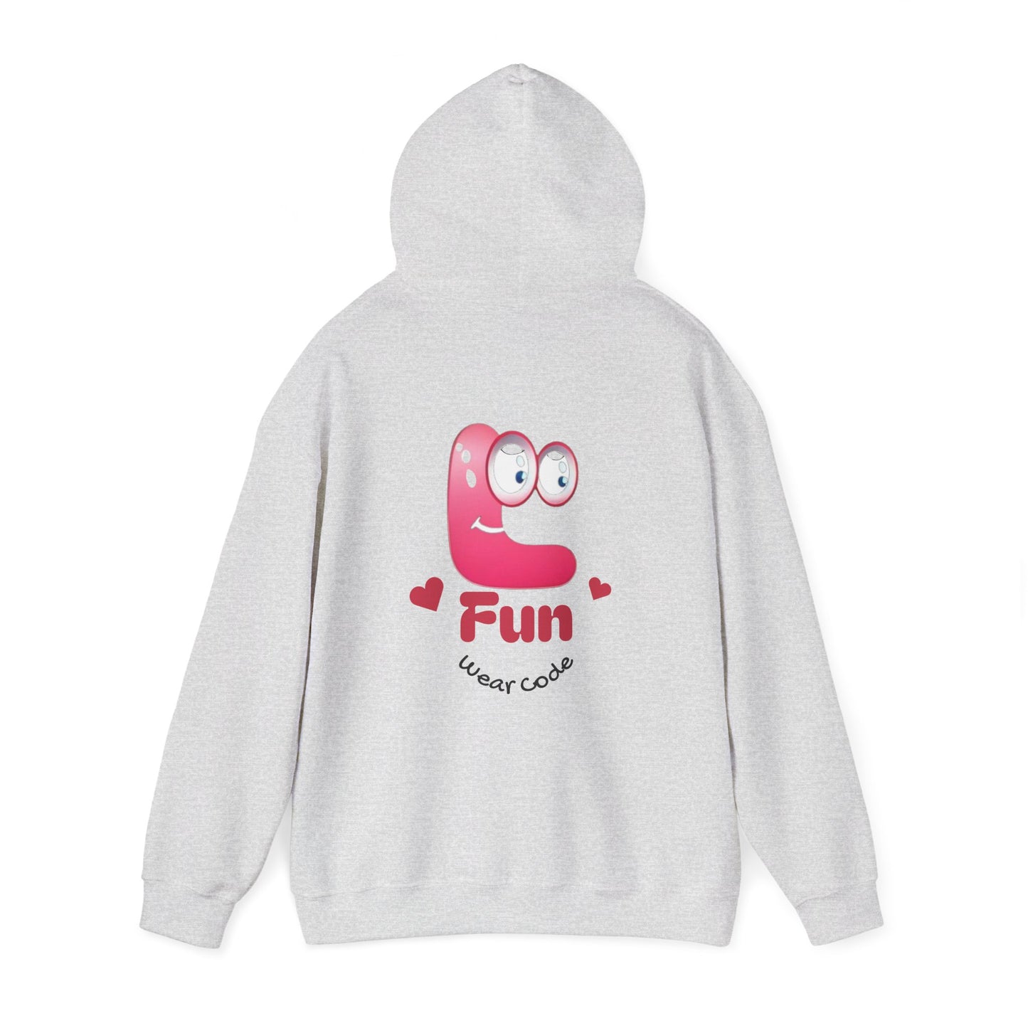 Gray hoodie with a pink cartoon Fun Wear Code character and text on the back against a white background