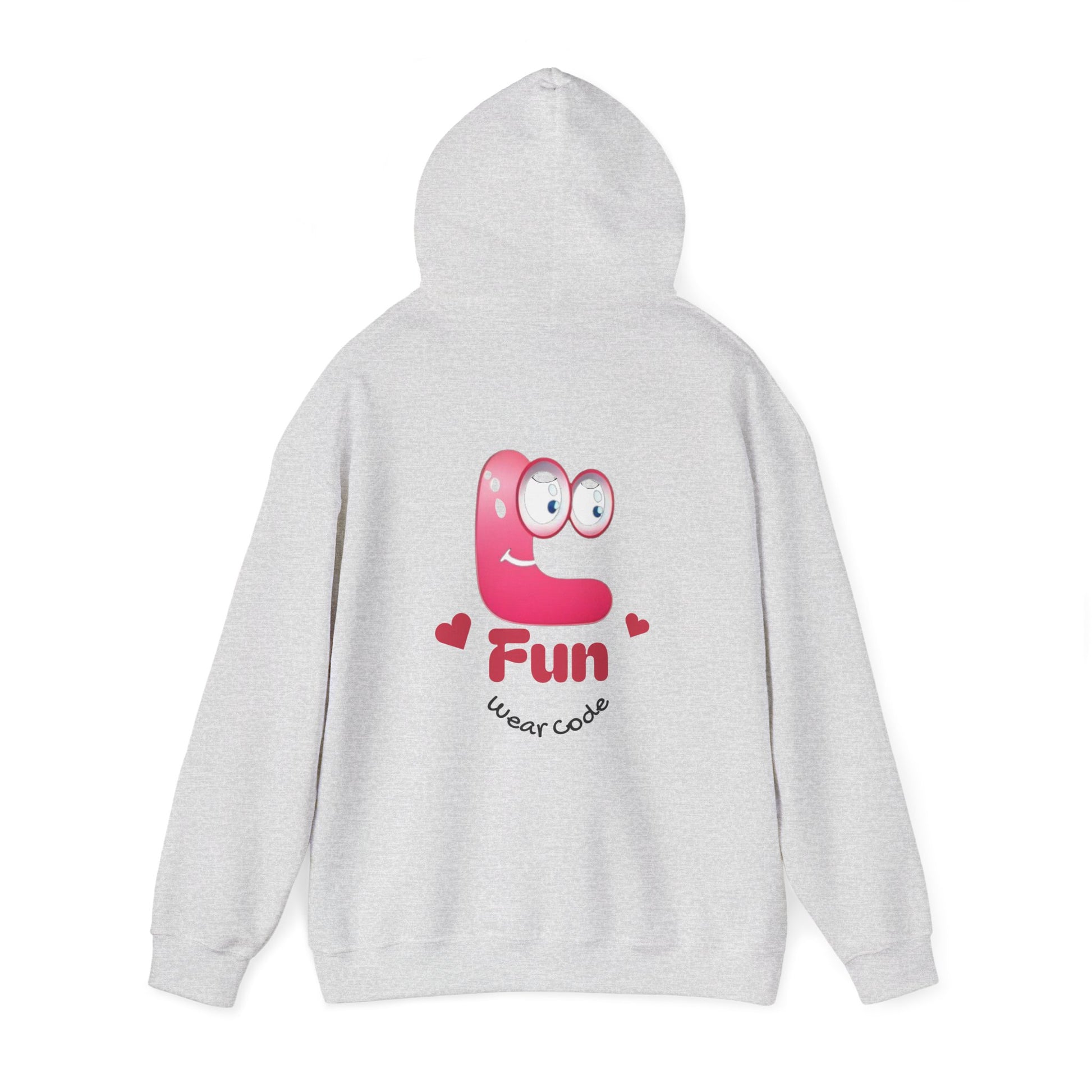 Gray hoodie with a pink cartoon Fun Wear Code character and text on the back against a white background
