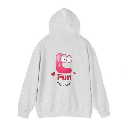 Gray hoodie with a pink cartoon Fun Wear Code character and text on the back against a white background