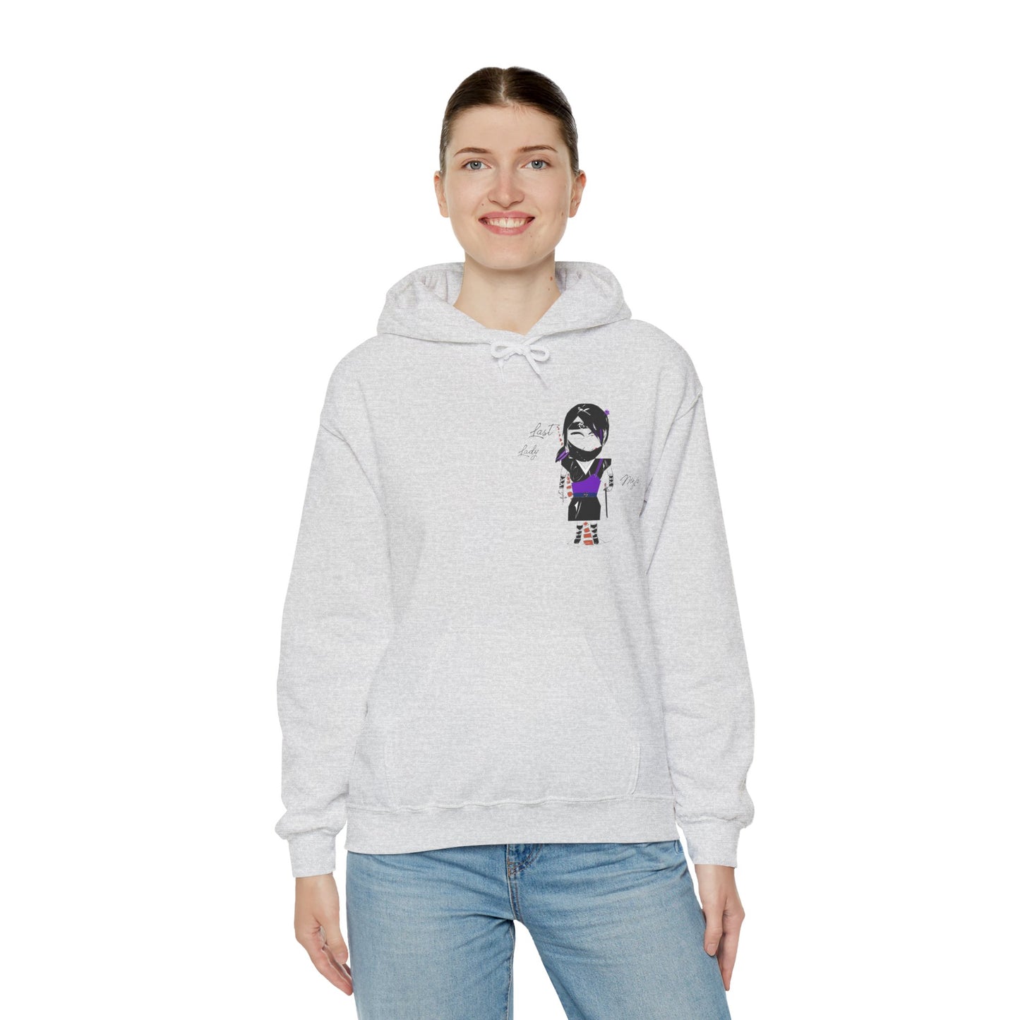 Front view of a lady model wearing a gray hoodie with a lady ninja graphic design on a white background