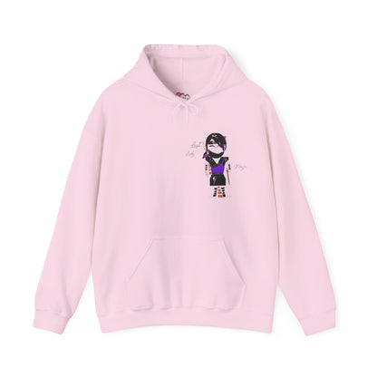 Pink hoodie with a lady ninja graphic design on a white background