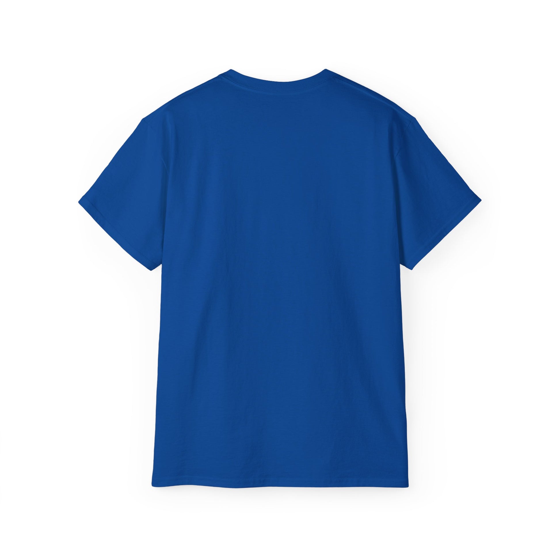 Back view of a blue t-shirt on a white background