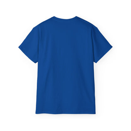Back view of a blue t-shirt on a white background