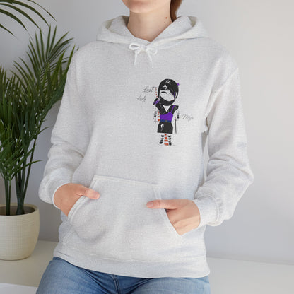Front view of a lady model wearing a gray hoodie with a lady ninja graphic design on a white background