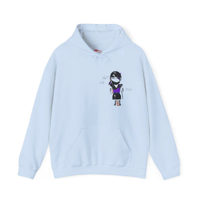 Light blue hoodie with a lady ninja graphic design on a white background
