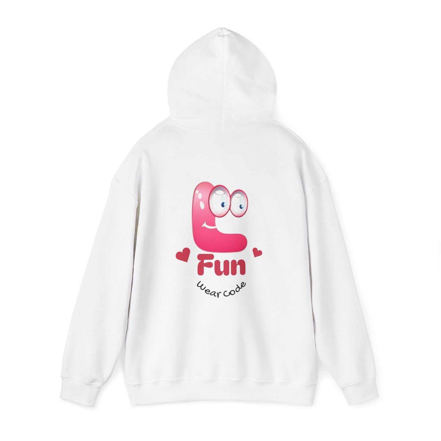 White hoodie with a pink cartoon Fun Wear Code character and text on the back against a white background