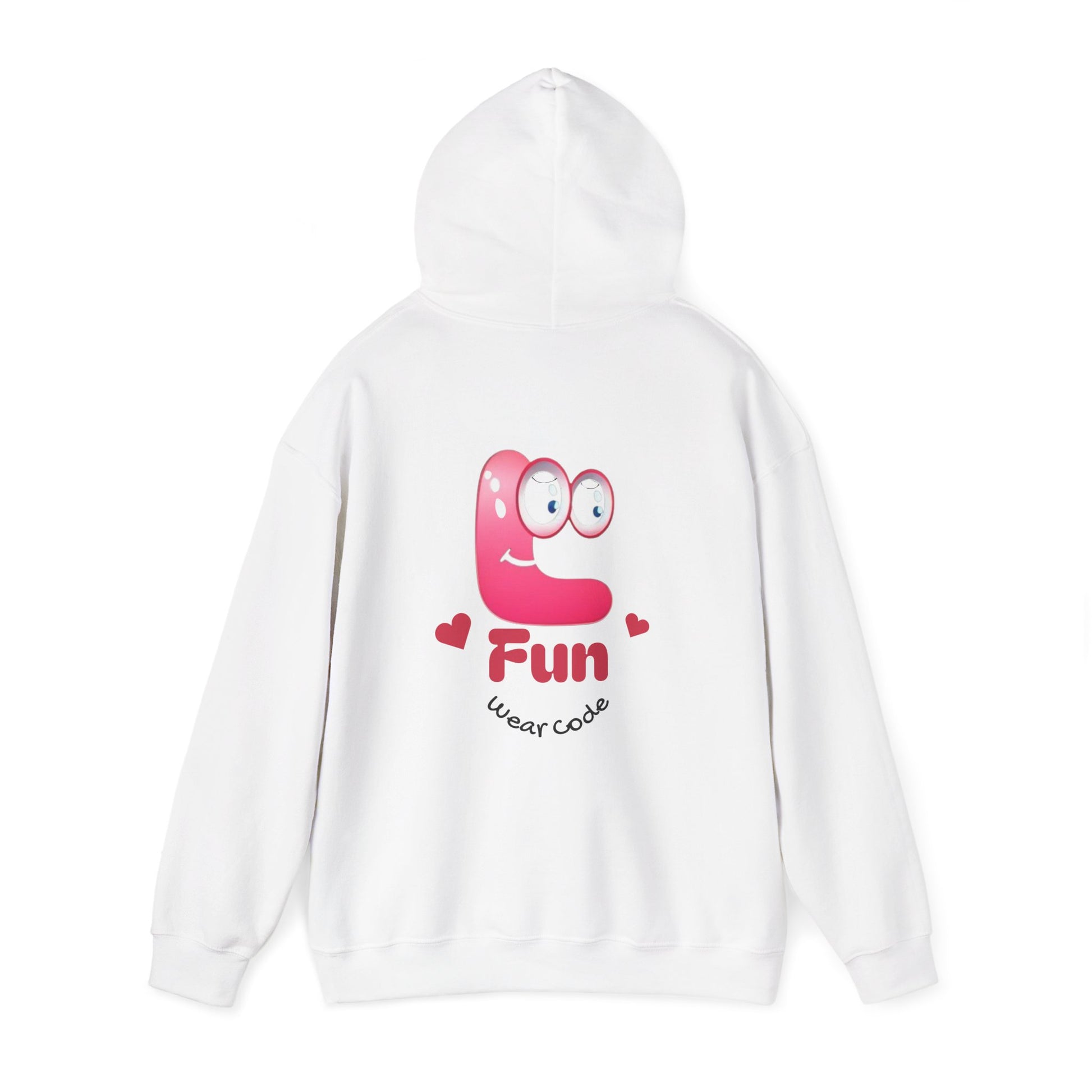 White hoodie with a pink cartoon Fun Wear Code character and text on the back against a white background