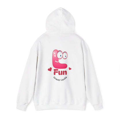 White hoodie with a pink cartoon Fun Wear Code character and text on the back against a white background