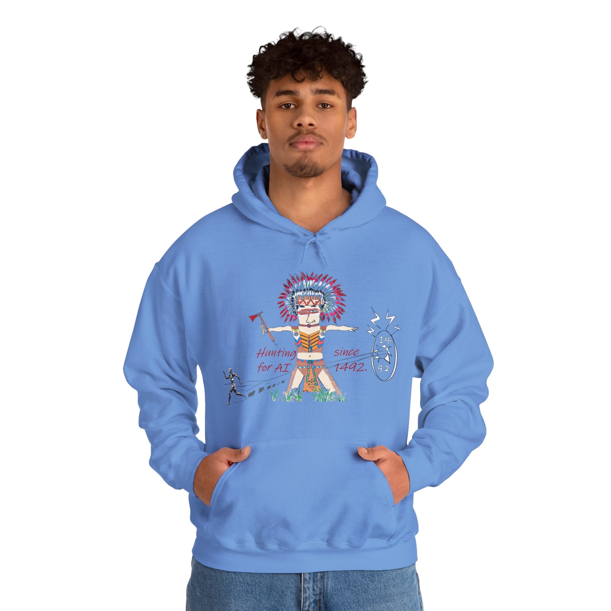 Person wearing a blue hoodie with an American Indian man hunting for AI graphic design and text on a white background