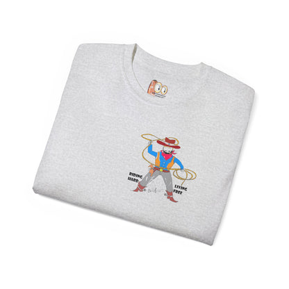 Close-up of a folded gray t-shirt with a cowboy graphic design on a white background