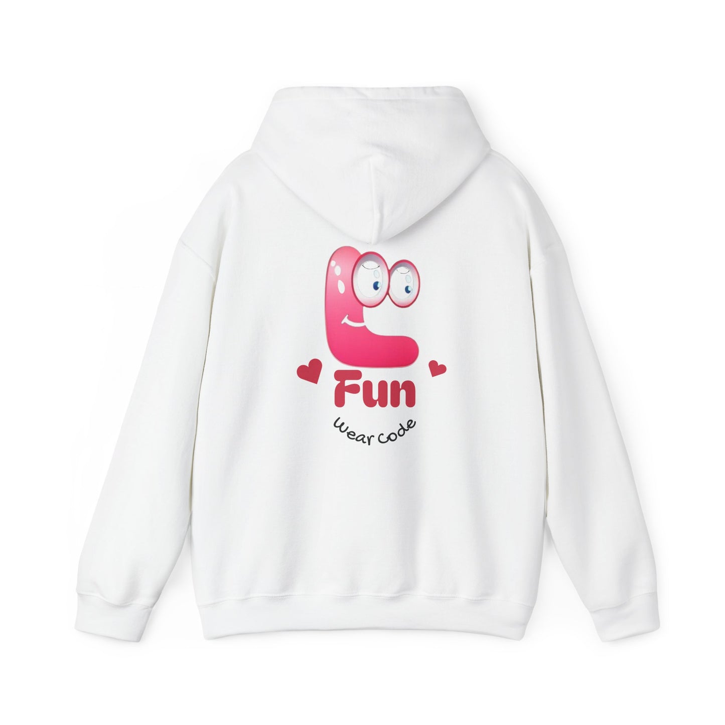 White hoodie with a pink cartoon Fun Wear Code character and text on the back against a white background