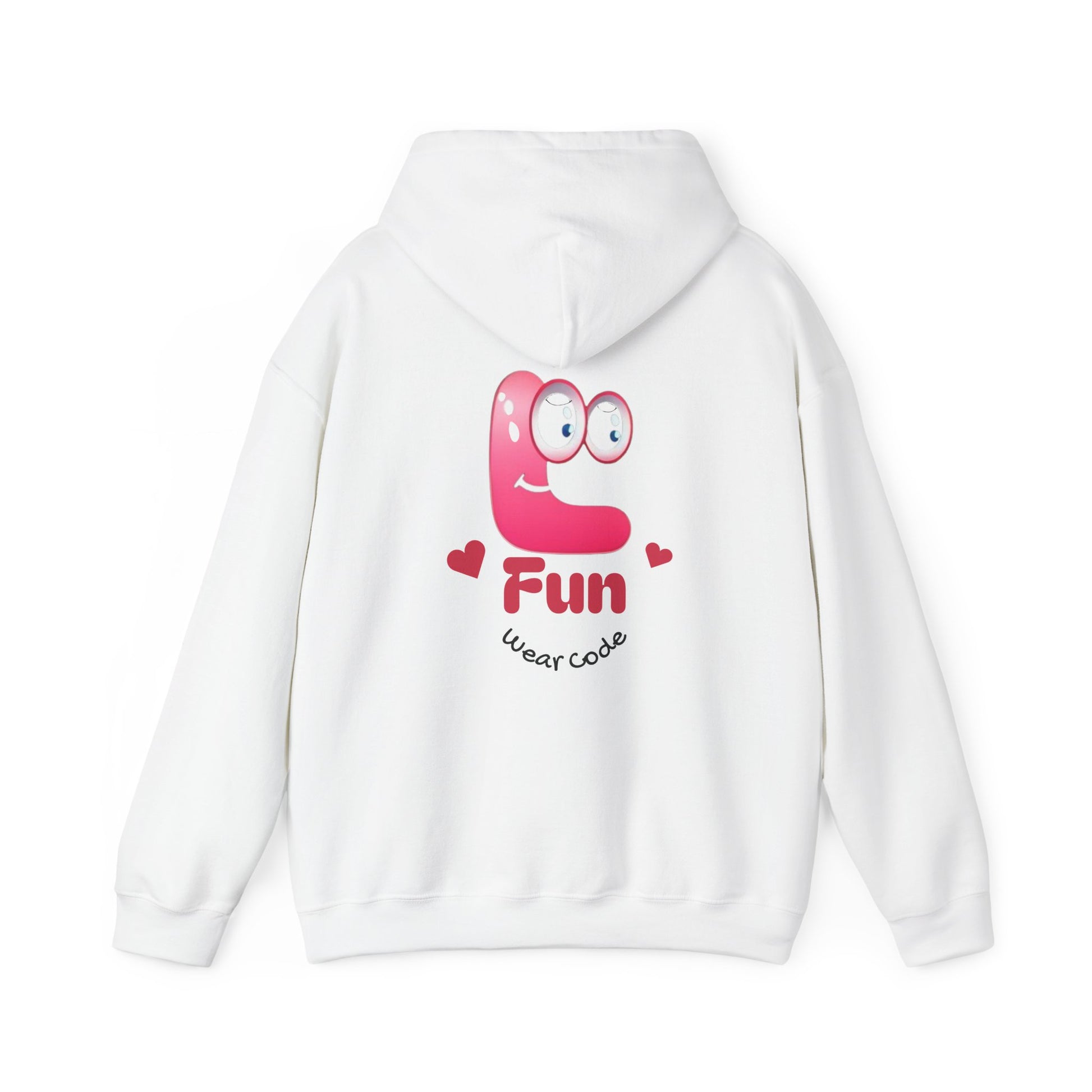 White hoodie with a pink cartoon Fun Wear Code character and text on the back against a white background