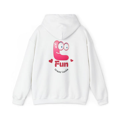 White hoodie with a pink cartoon Fun Wear Code character and text on the back against a white background