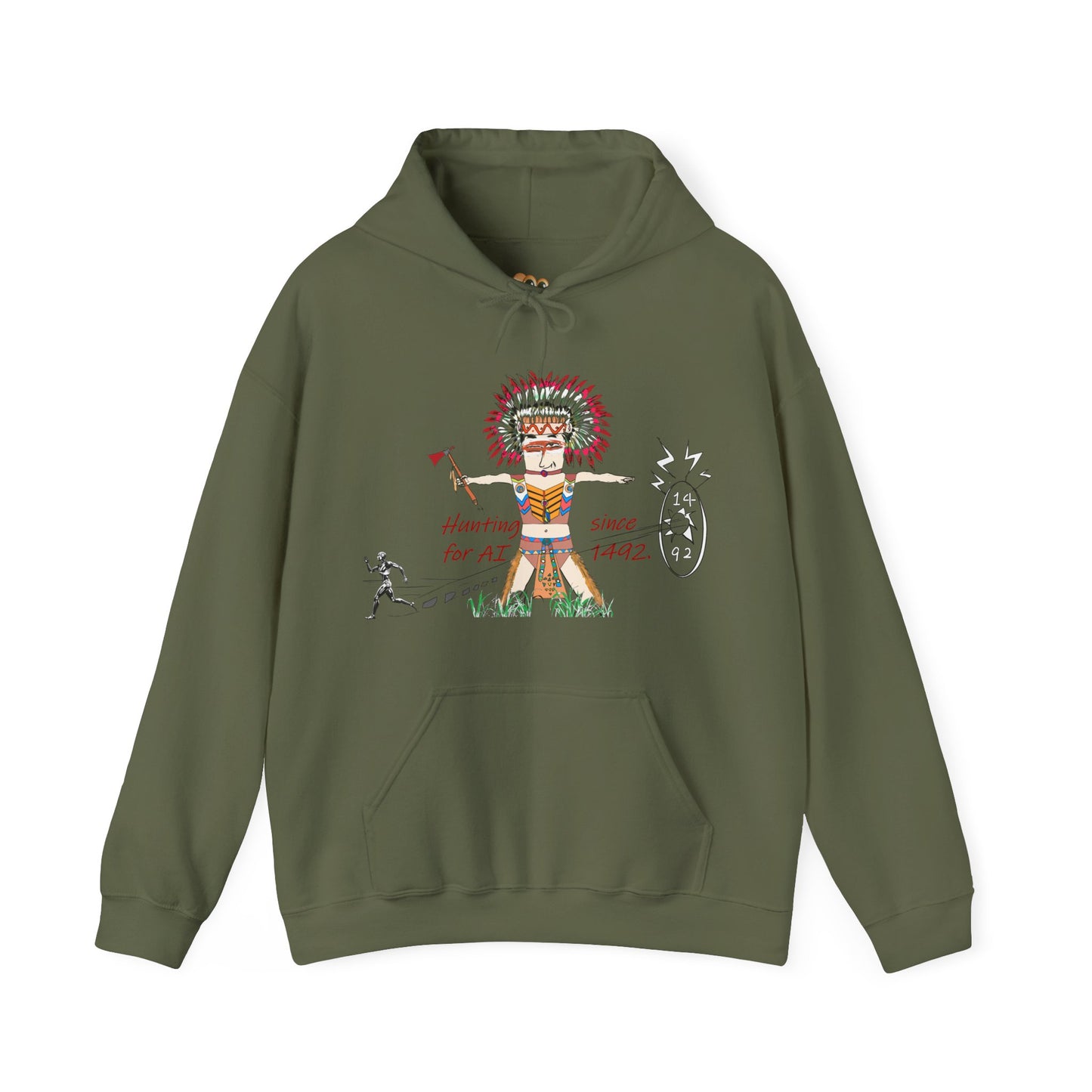 Green hoodie with a colorful American native Indian graphic design on a white background