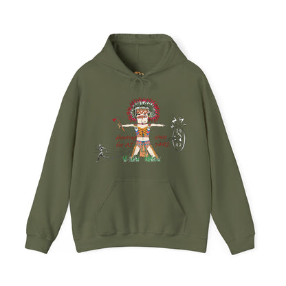 Green hoodie with a colorful American native Indian graphic design on a white background