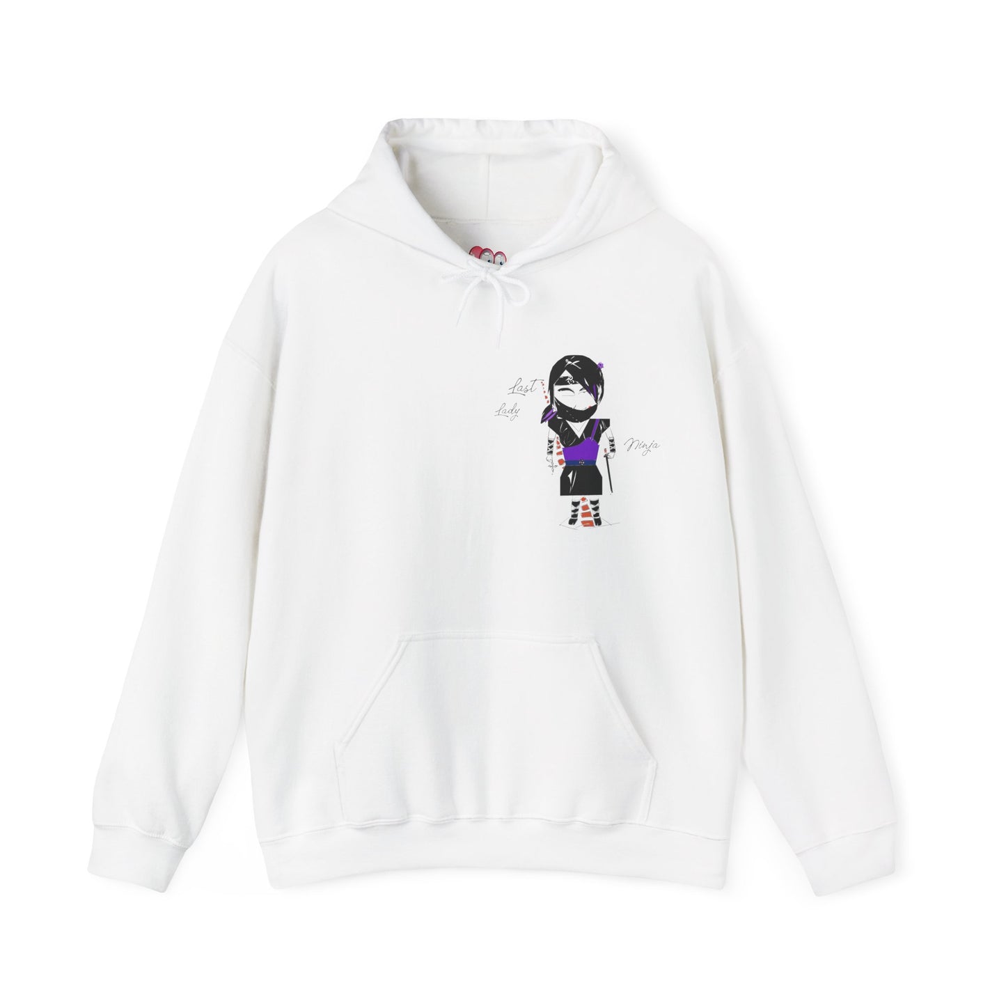 White hoodie with a lady ninja graphic design on a white background