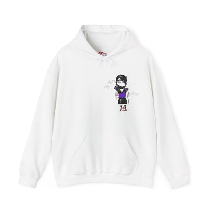 White hoodie with a lady ninja graphic design on a white background