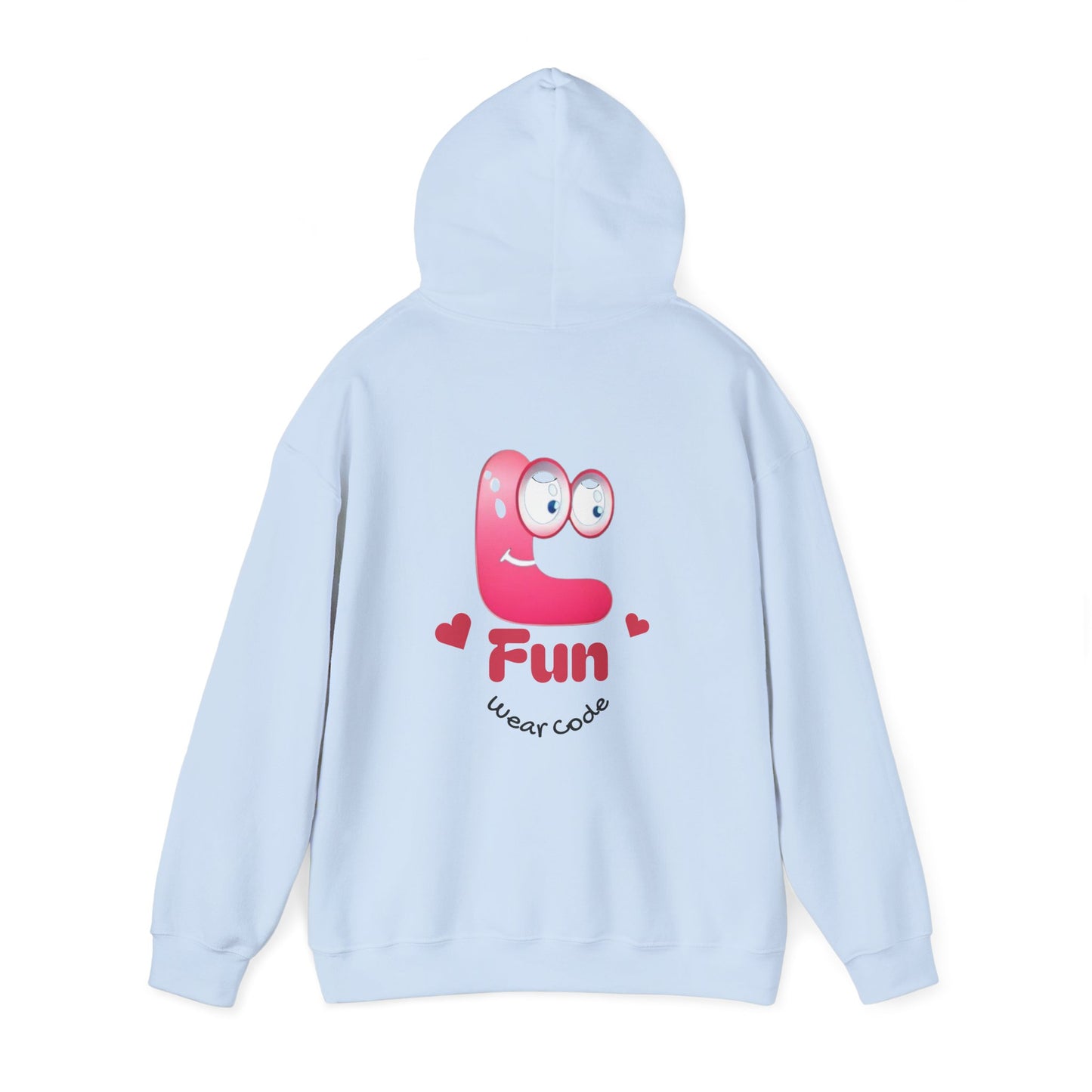 Light blue hoodie with a pink cartoon Fun Wear Code character and text on the back against a white background