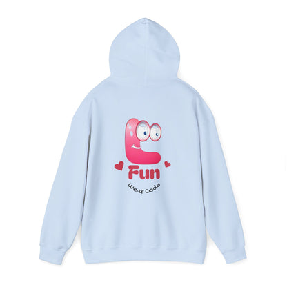 Light blue hoodie with a pink cartoon Fun Wear Code character and text on the back against a white background