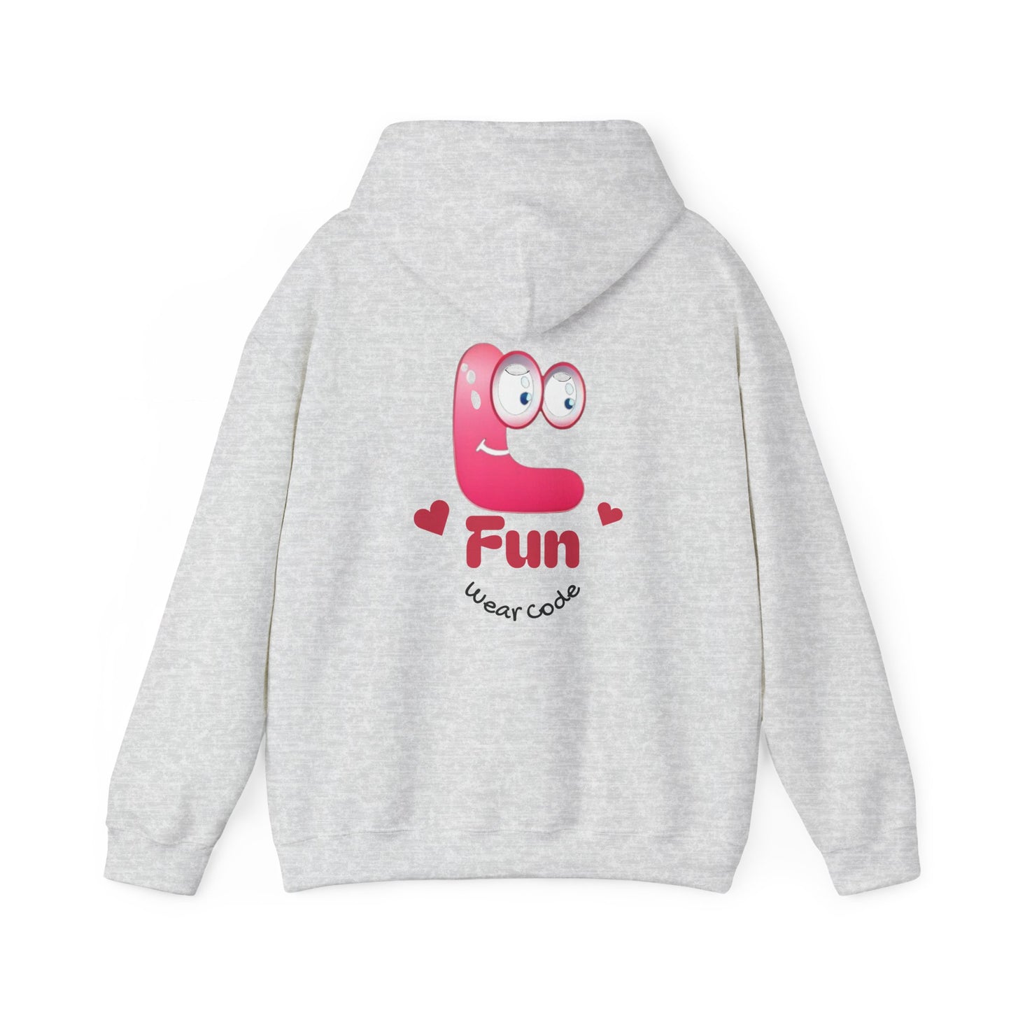 Gray hoodie with a pink cartoon Fun Wear Code character and text on the back against a white background