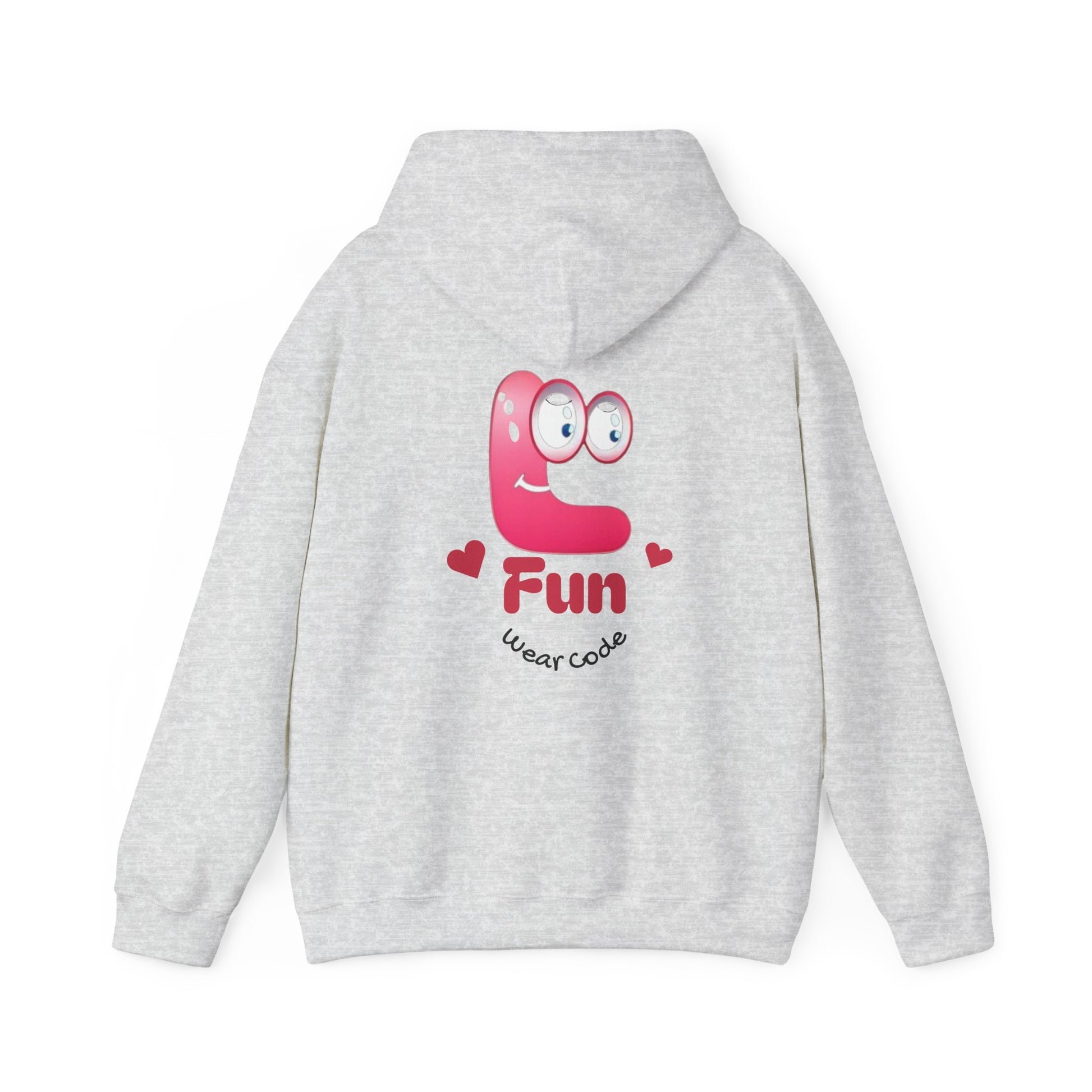 Gray hoodie with a pink cartoon Fun Wear Code character and text on the back against a white background