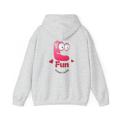 Gray hoodie with a pink cartoon Fun Wear Code character and text on the back against a white background