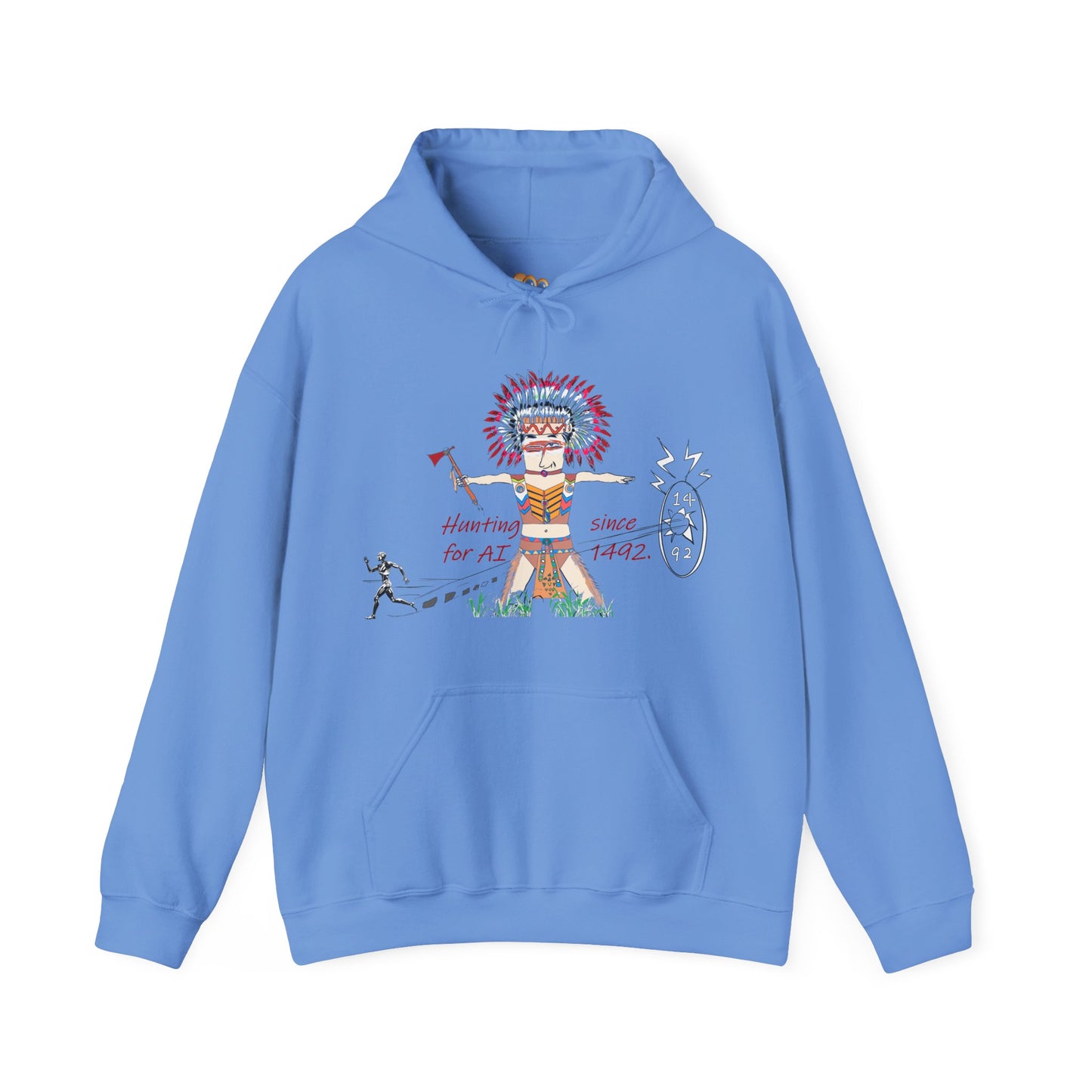Blue hoodie with a colorful American native Indian graphic design on a white background