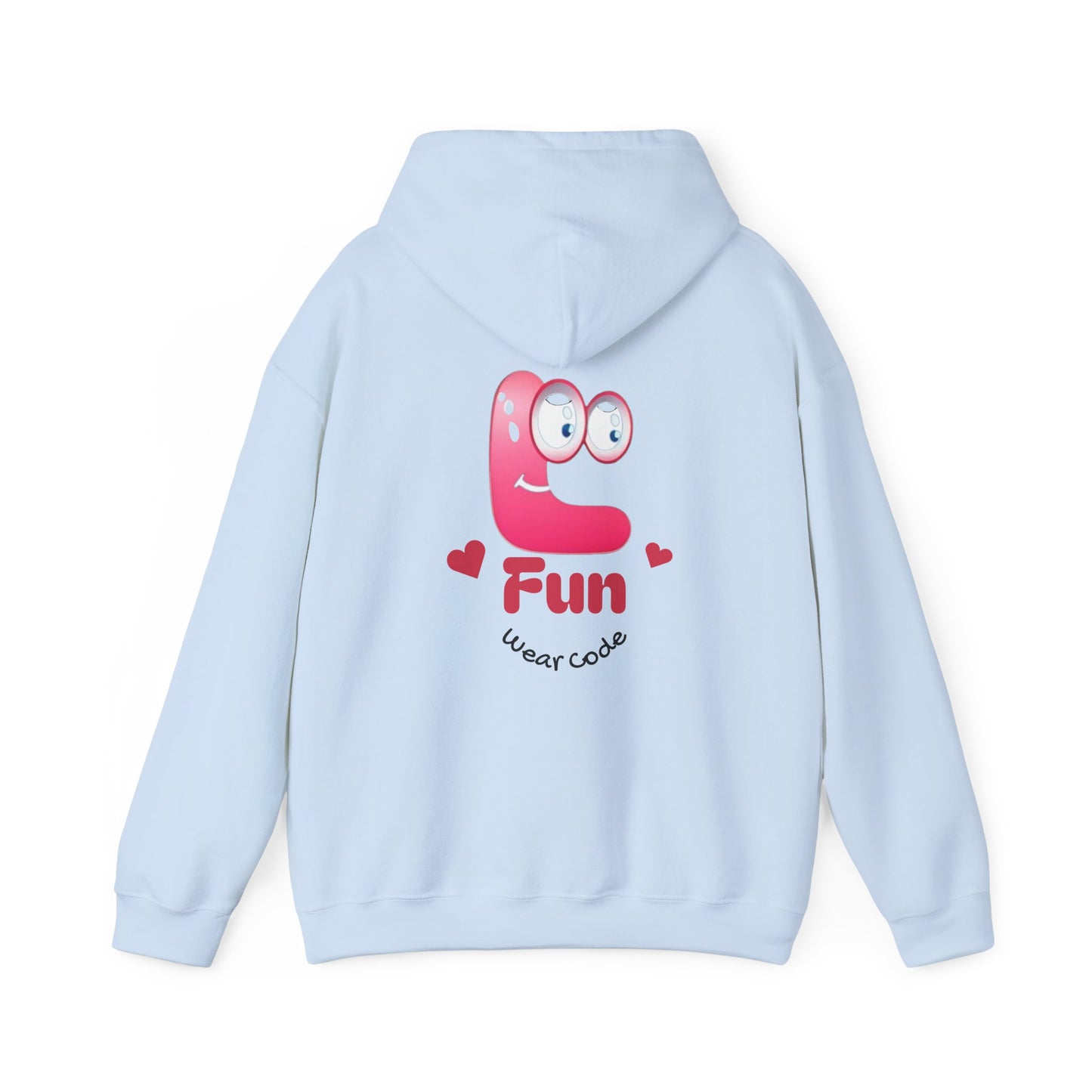 Light blue hoodie with a pink cartoon Fun Wear Code character and text on the back against a white background