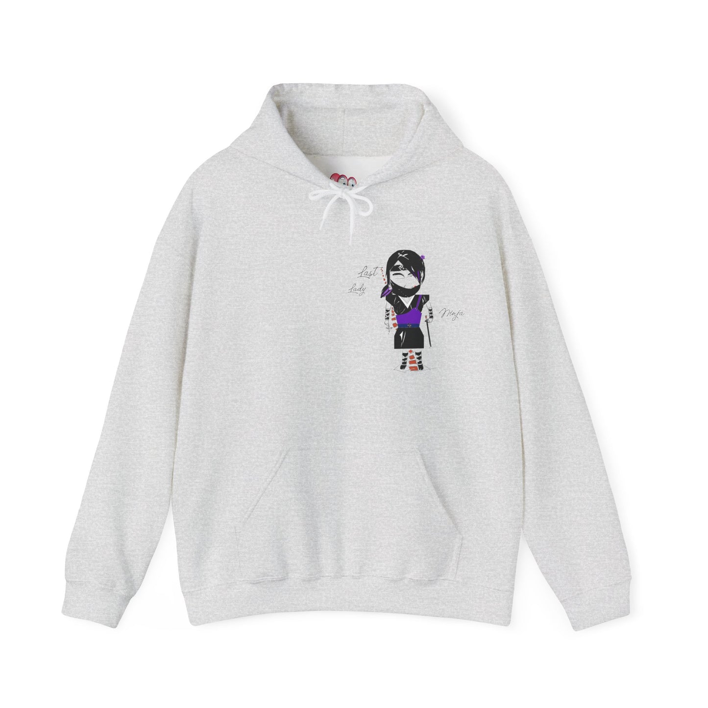 Gray hoodie with a lady ninja graphic design on a white background