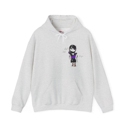 Gray hoodie with a lady ninja graphic design on a white background