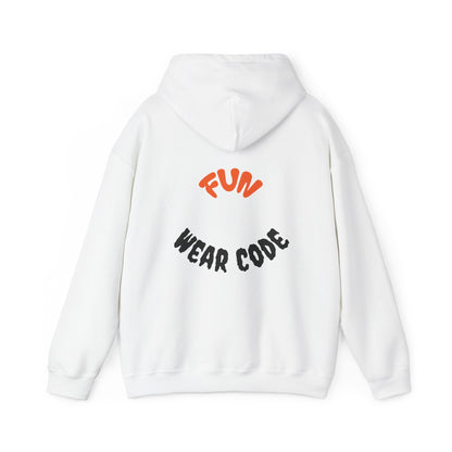 White hoodie with 'Fun Wear Code' text on the back against a white background