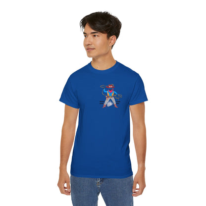 A man model wearing a blue t-shirt with a cowboy graphic design standing on a white background