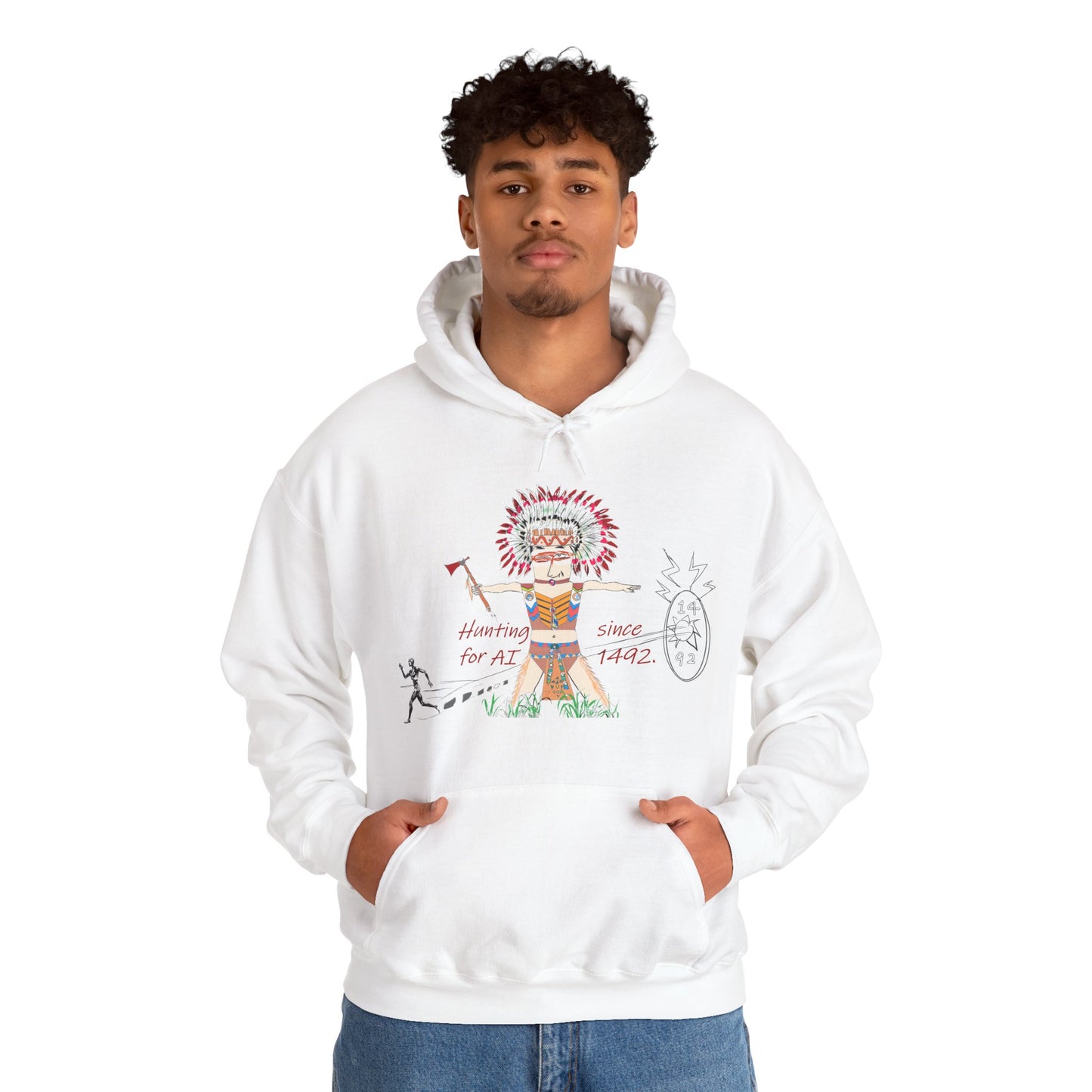 Person wearing a white hoodie with an American Indian man hunting for AI graphic design and text on a white background