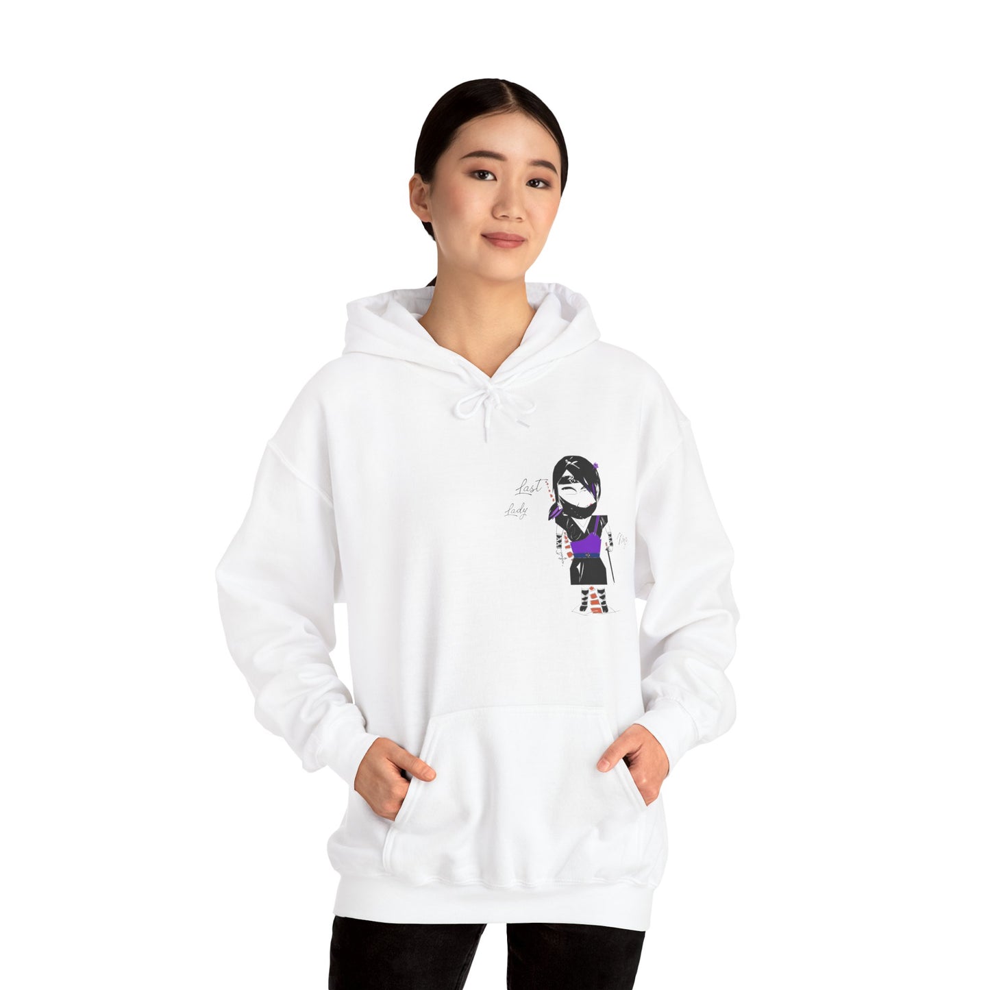 Front view of a lady model wearing a white hoodie with a lady ninja graphic design on a white background