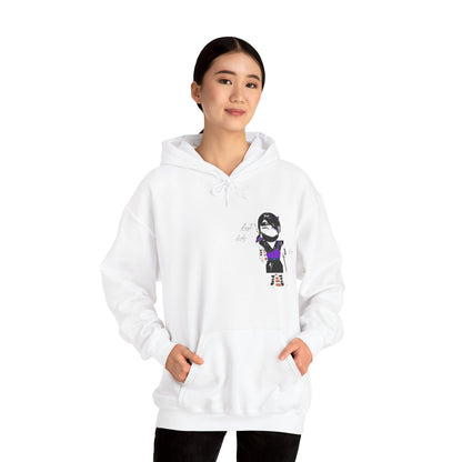 Front view of a lady model wearing a white hoodie with a lady ninja graphic design on a white background