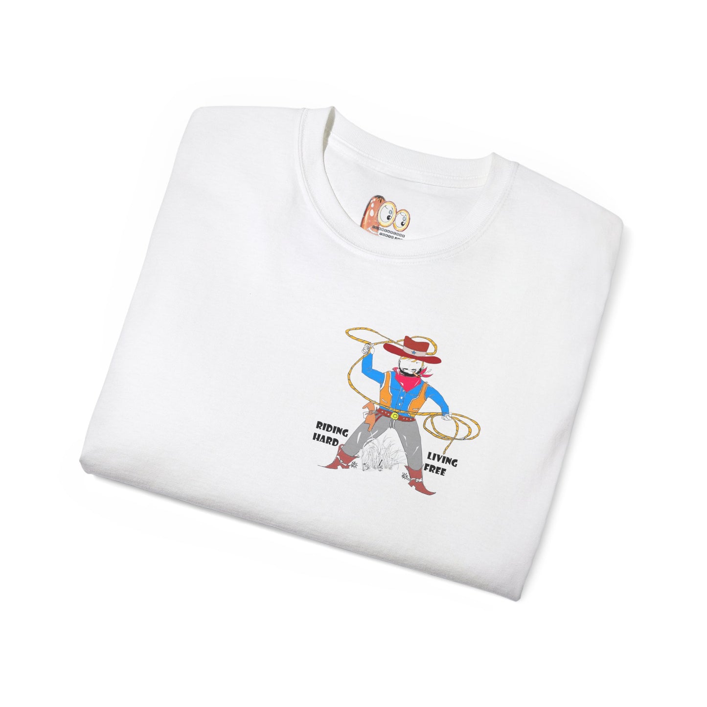 Close-up of a folded white t-shirt with a cowboy graphic design on a white background