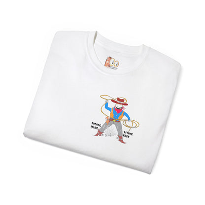 Close-up of a folded white t-shirt with a cowboy graphic design on a white background