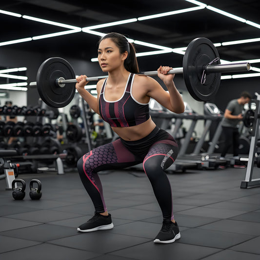 Woman wearing  "Funwearcode" brand labelled leggings, lifting weights in a gym setting
