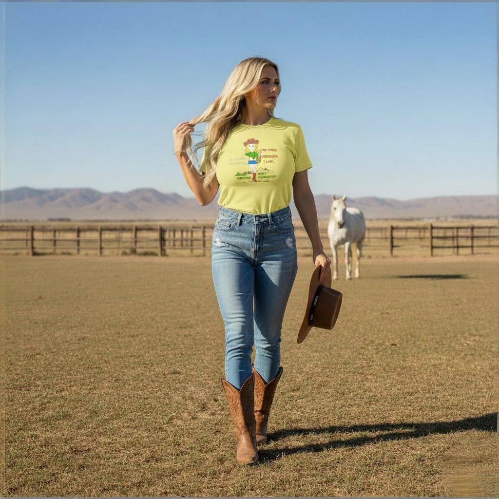 Woman in a yellow t-shirt with a playful cowgirl graphic design and text, and blue jeans walking in a field with a horse in the background
