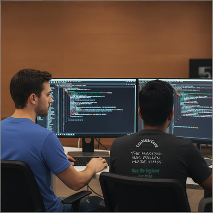 Two individuals working on computers with code displayed, one wearing a blue shirt and the other a black shirt with 'Fun Wear Code' brand logo and text.