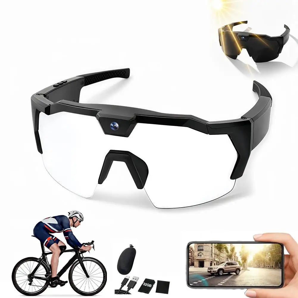 Smart glasses with camera module, cyclist using them, and smartphone display on a white background
