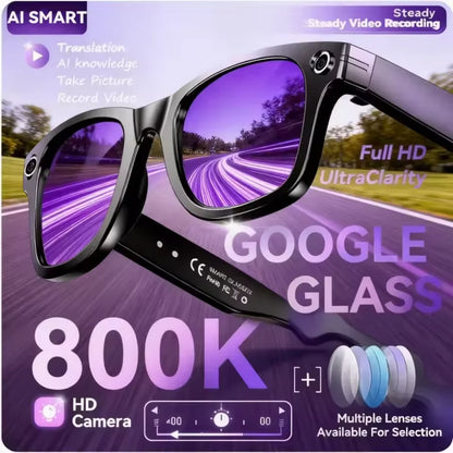 Sunglasses with digital display on a road background, featuring text about features like HD camera and multiple lenses.