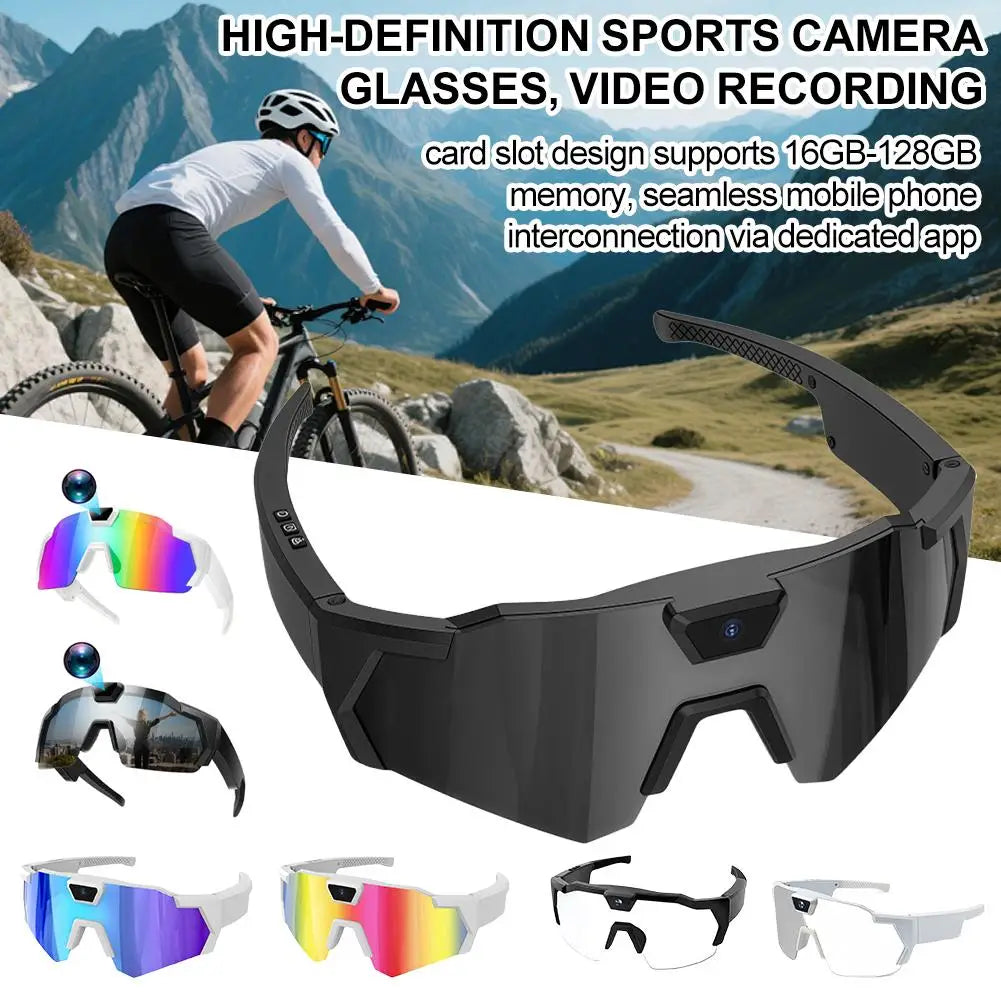 Sports camera glasses with various lens options on a scenic mountain background